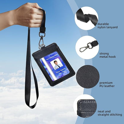 Leather Badge Holder with Adjustable Lanyards,Swivel Metal Clasp for Offices, Staff, Students, Employees(Black)