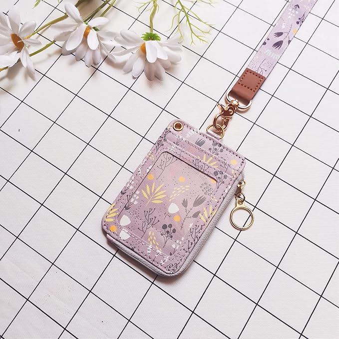 bolimoss Lanyard with Wallet,Zip ID Case with Lanyard,Lanyard Badge Holder,Lanyard Wallet for Women,Fashion Lanyard Wallet, ID Case Wallet with Lanyard（ Light Purple Gray ）