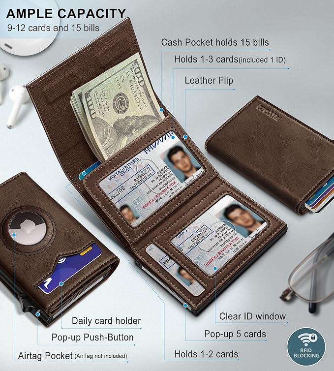 miyozi Airtag Wallet for Men,with Cash Pocket 2 ID Window 9-12 Cards,Metal Case Smart Slim Pop Up Credit Card Holder Flip with Magnetic Closure RFID Blocking Trifold wallet with Gift Box