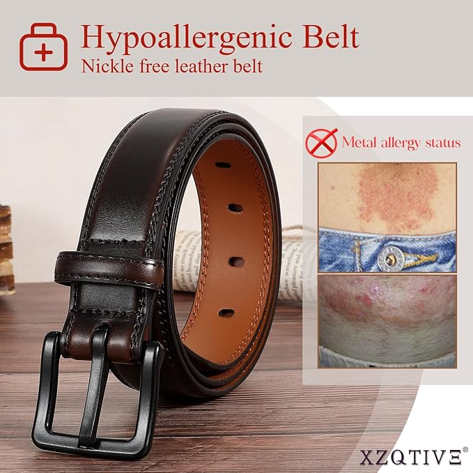 XZQTIVE Men’s Metal Free Belt Hypoallergenic Leather Belts For Jeans Dress Nickle Free TSA Belt With Black Buckle