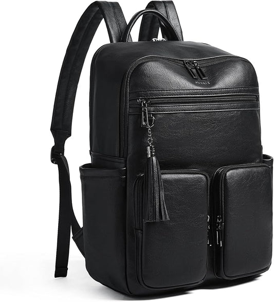 Shrrie Laptop Backpack for Women 16 Inch,Vegan Leather Travel Backpack Purse Work Business Computer Backpacks Teacher Nurse College Laptop Bookbag Casual Daypack,Two-toned Black