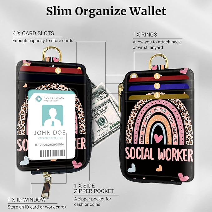 2-in-1 ID Badge Holder & Lanyard Wallet,Multi Use Womens Small Wallet with Zipper Pocket for Women Men with Wristlet and Neck Lanyard 5 Card Slots Work Essential (Social Worker)