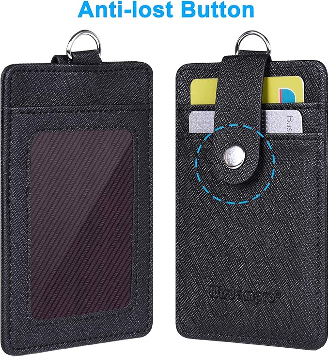 Wisdompro Retractable Badge Holder with Lanyard, Double Sided PU Leather ID Card Holder with Carabiner Badge Reel Clip and 18.8 inch Neck Lanyard - Black, Vertical