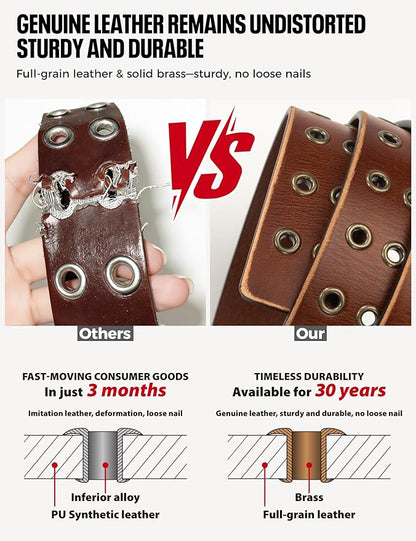 1.5" Double Hole Full Grain Leather Belt - Vintage Distressed Casual Belt for Men Women with Double Prong Buckle