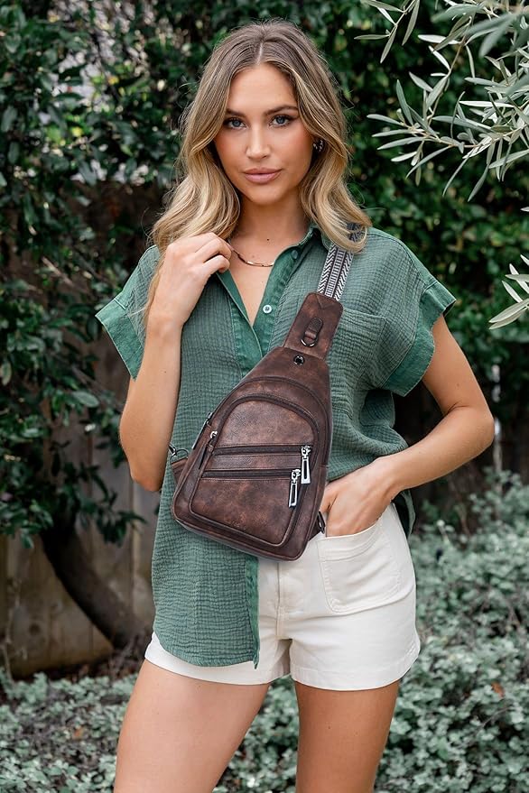 Leresas 7L Crossboydy Sling Bag for Women Vegan Leather Crossbody Purse Fanny Pack Chest Bag for Travel,Coffee