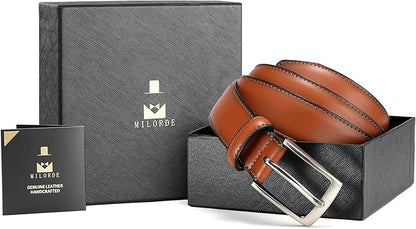 MILORDE Men's Genuine Leather Dress Belt, Handmade, 100% Cow Leather, Fashion & Classic Designs for Work Business and Casual