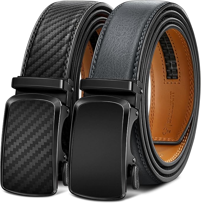 BULLIANT Men's Ratchet Belt 2 Pack-Click Leather Belt Adjustable for Men Gift 1 3/8-Cut for Perfect Fit