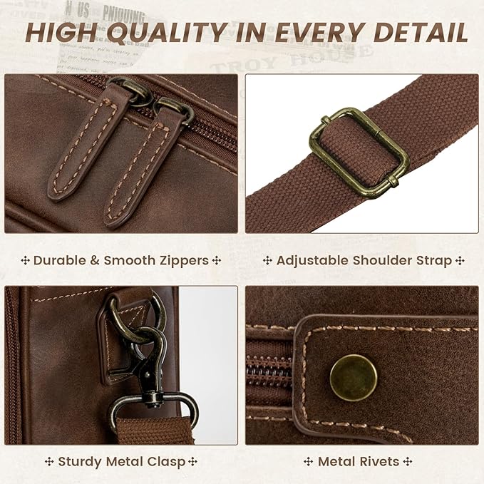 RAINSMORE Mens Laptop Bag 16 Inch Leather Briefcase Vintage Messenger Bag for Men Large Crossbody Shoulder Office Computer Bag Retro College Satchel Bag for Work, Business,Travel, Dark Brown