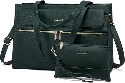 LOVEVOOK Laptop Bag for Women 15.6 Inch Tote Work Professional Leather Computer Briefcase Waterproof Handbag Shoulder Large Capacity Business Teacher Office Crossbody Purse, 131# Dark Green