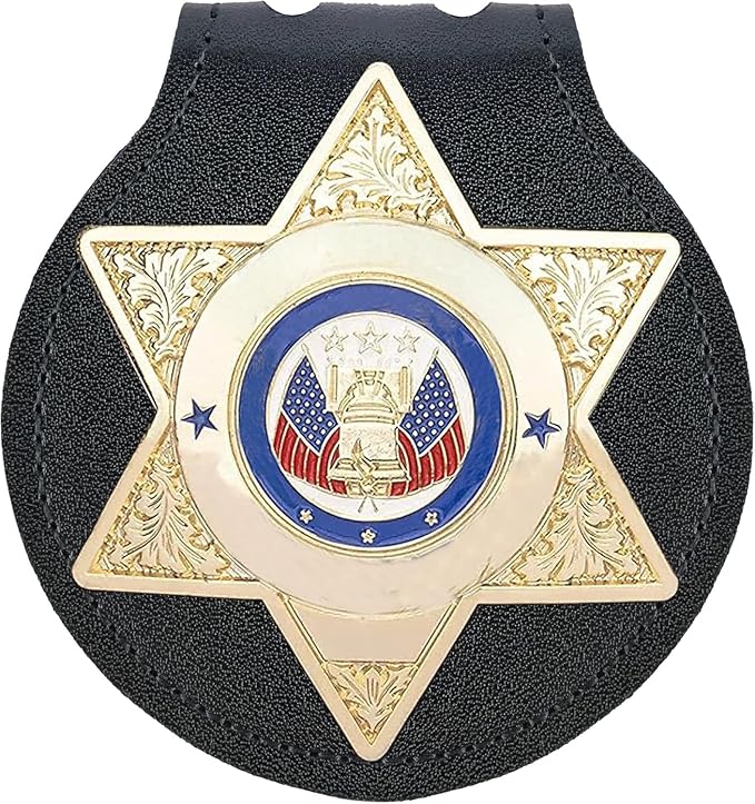 Black Cowhide Universal Police Badge Holder, Sheriff's Badge Holder with Belt Buckle, Hook and Loop Clasp and Stainless Steel Bead Chain, Law Enforcement Gift, Round