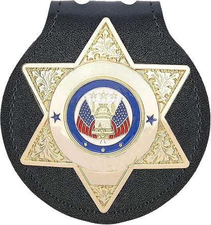 Black Cowhide Universal Police Badge Holder, Sheriff's Badge Holder with Belt Buckle, Hook and Loop Clasp and Stainless Steel Bead Chain, Law Enforcement Gift, Round
