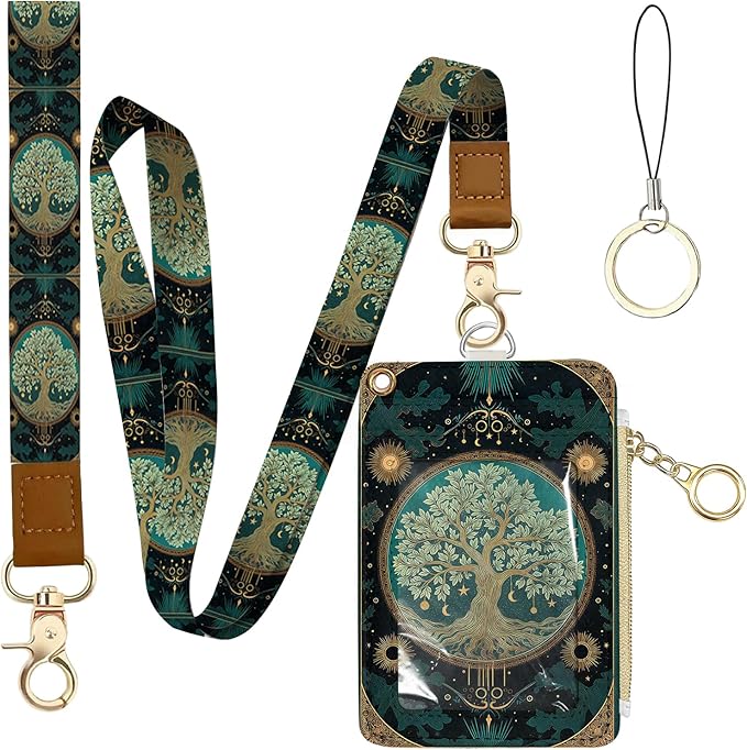 Tree of Life Leather Badge Holder with Zipper Pocket, Green Work Lanyards and 1 Zip Pocket and 4 Card Slots, Pink Bow Breakaway Lanyards with Metal Clasp for Boys, Adult, Teachers