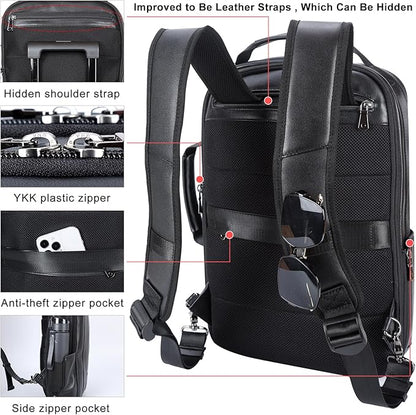 Masa Kawa Slim Leather 15.6" Laptop Backpack for Men Convertible Briefcase Backpacks Expandable Black Business Work Bag Slim Travel Daypack
