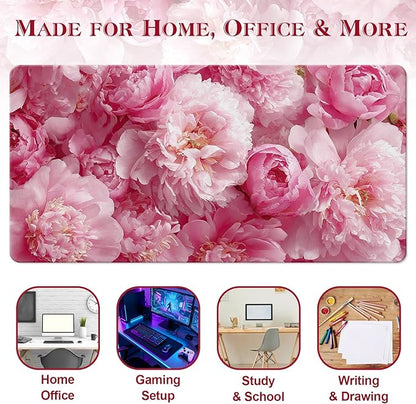 Desk Mat Desk Pad for Keyboard and Mouse, 31.5 x 15.7 in, Pink Peony Floral PU Leather Computer Protector, Non-Slip Base, Waterproof, Easy Clean for Office Gaming, Mouse Pad