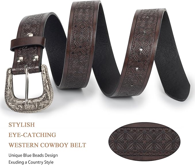 Utaly Men's Casual Leather-Belt, Western-Belt for Women Vintage Carved-Buckle Cowboy-Waist-Belts for Jeans Waist 28"-39"