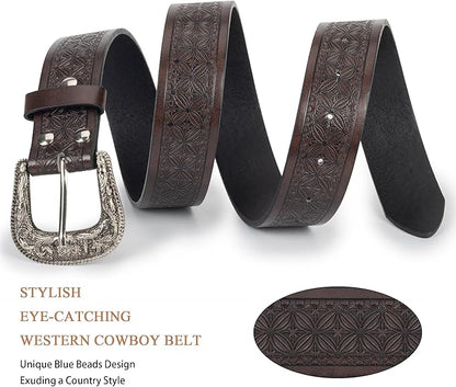 Utaly Men's Casual Leather-Belt, Western-Belt for Women Vintage Carved-Buckle Cowboy-Waist-Belts for Jeans Waist 28"-39"