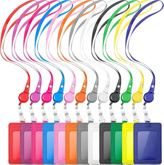 12 Sets ID Holder Badge with Lanyards Retractable Name Badge Reel PU Leather Waterproof Clear Card Holder with 1 Transparent ID Window 1 Credit Card Slot for Women Men Nurse School Office (Vertical)