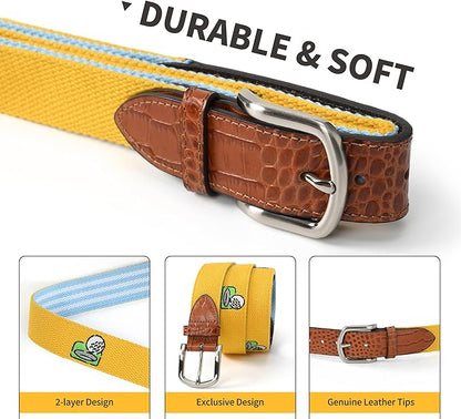 Mile High Life Golf Belts for Men, Canvas Belt with Genuine Leather Tips, Embroidered 2 Layer Web Belt with Pin Buckle