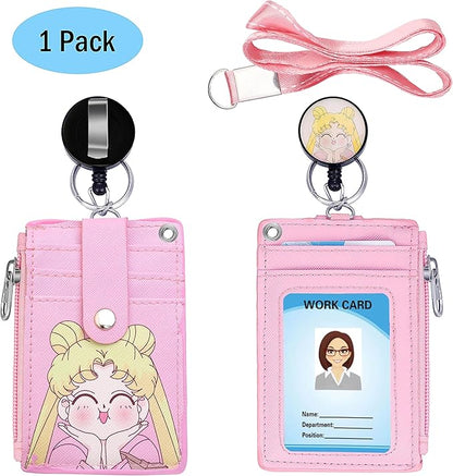 【2025 New】 Cute ID Badge Holder Retractable Lanyard Reel Clip with Heavy Duty Carabiner,5 Card Slots in 2 Sided with Key Ring and Zipper for Students Teens Boys Girls Office Staff Women (Lovely Girl)