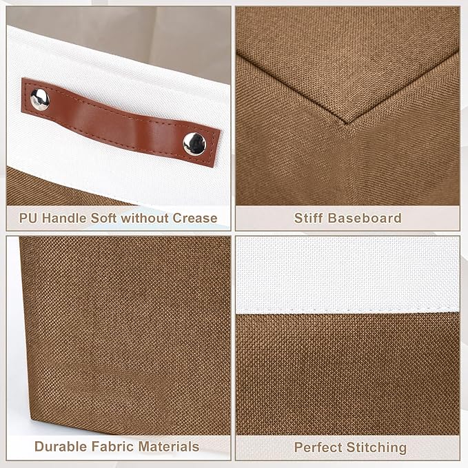 Bagnizer 13x13 Cube Storage Bins, Collapsible Fabric Storage Box, 4 Pack Closet Baskets with Handles for Organizing, Shelf, Toys, Clothes, Home, Office, Nursery (Brown&White)
