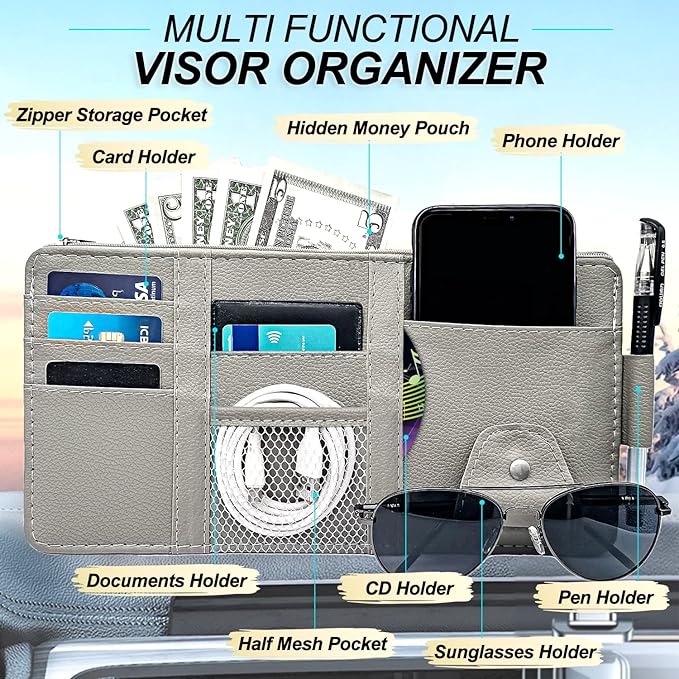 Keedolla Car Sun Visor Organizer with Zipper Pocket, Auto Interior Accessories Pocket Organizer Car Truck Visor Storage Pouch Holder for Cards, Pens, Sunglasses and Document - Gray