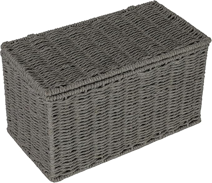 Household Essentials Small Handwoven Paper Rope Wicker Basket with Lid, Grey