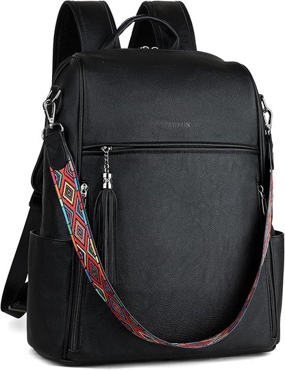 FADEON Leather Laptop Backpack for Women Designer 15.6 inch PU Laptop Bag, Ladies Travel Computer Work Backpack Black