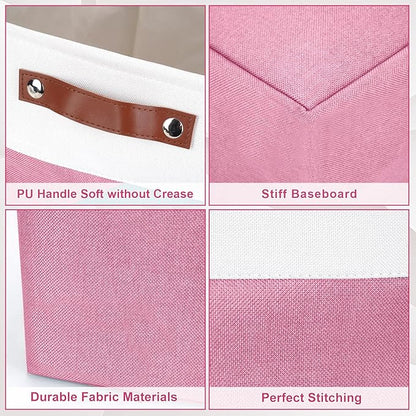Bagnizer Large Fabric Storage Baskets | 50L Storage Bins, Decorative Linen Closet Baskets with Handles for Organizing, Shelf, Toys, Clothes, Home, Office, Nursery, 17x12x15Inches (Pink&White)