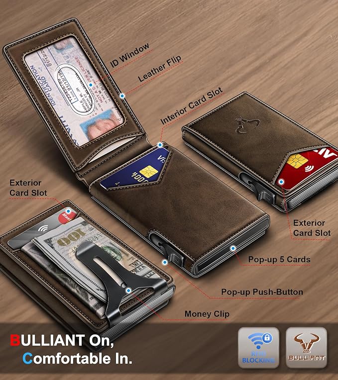 BULLIANT Men Wallet,Magnetic Metal Wallet Money Clip 9Cards Pop-up Access RFID Blocking