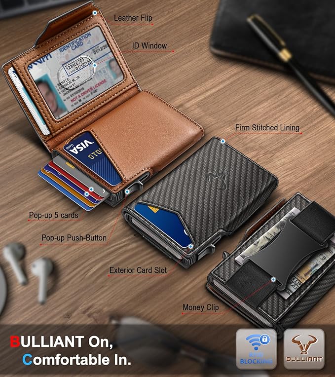 BULLIANT Men Wallet Gift Boxed,Slim Front Pocket Wallet Money Clip Card Holder 3.8"x2.7",Pop-up Access