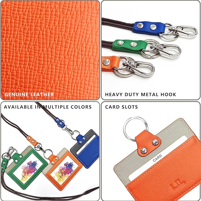 Badge Holder: Boshiho Cowhide Leather ID Badge Card Holder with 19" Neck Lanyard, Horizontal Style (Orange)
