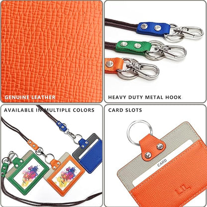 Badge Holder: Boshiho Cowhide Leather ID Badge Card Holder with 19" Neck Lanyard, Horizontal Style (Orange)