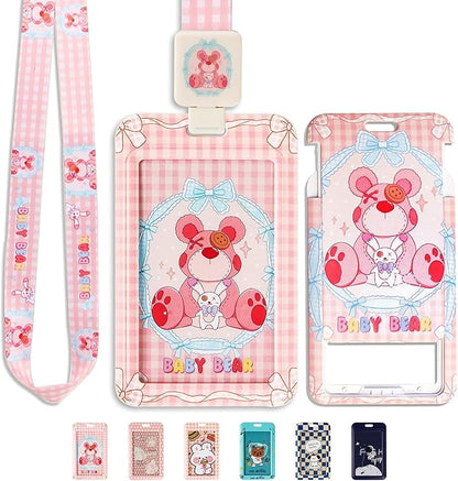 Cute ID Badge Holder with Clip Badge Reels and Lanyards with Badge Reel with 15 inches Pull Cord for School, Teacher, Student, Women, Men (Cartoon Bear)