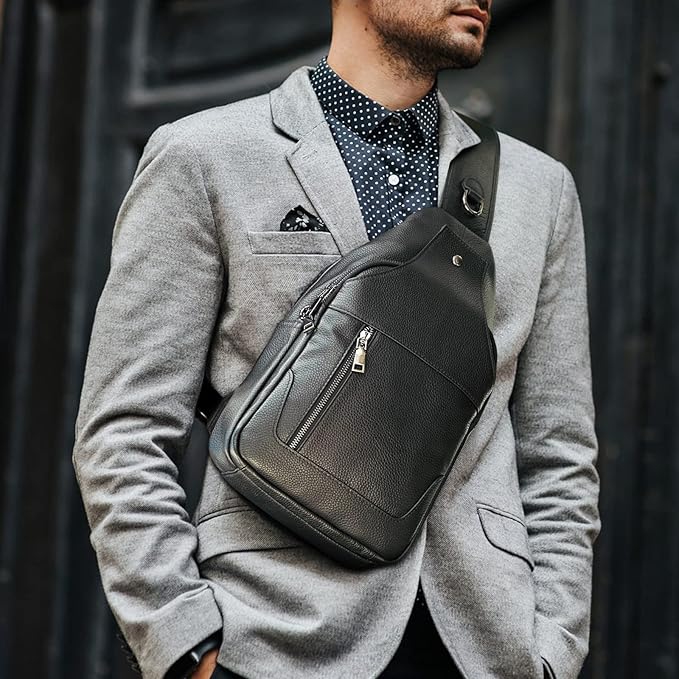Polare Cowhide Leather Waterproof Casual Daypack Sling Shoulder Chest Crossbody Bag For Men
