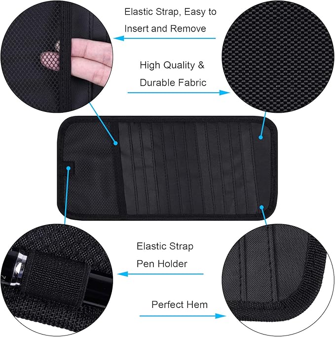 Car CD Case Holder, Wisdompro Vehicle Sun Visor Organizer for Cars with 12 DVD Storage Sleeves, 1 Mesh Pocket, 1 Pen Holder and Elastic Strap, Black