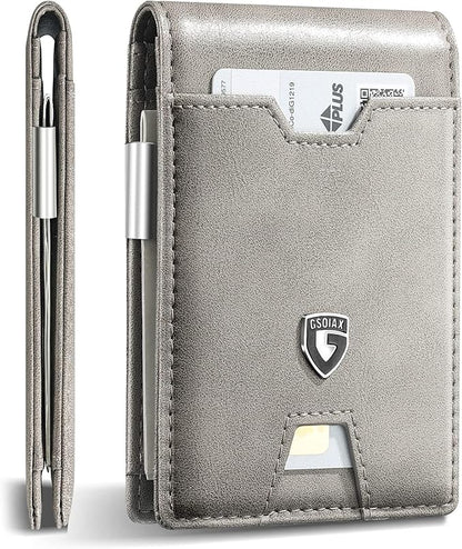 GSOIAX Men's Slim RFID Blocking Leather Wallet with Money Clip | Minimalist Carbon Fiber Bifold Credit Card Holder | 11 Card Slots | Gift Box Included(Leather Gray)