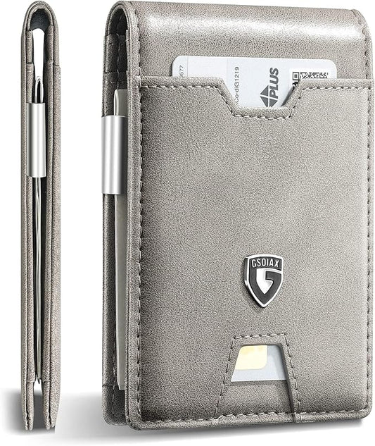 GSOIAX Men's Slim RFID Blocking Leather Wallet with Money Clip | Minimalist Carbon Fiber Bifold Credit Card Holder | 11 Card Slots | Gift Box Included(Leather Gray)