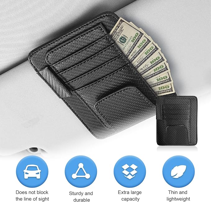 Augeny 2 PCS Car Sun Visor Organizer, Auto Visor Organizer and Storage, Registration and Document Holder, Vehicle Accessories for Sunglasses Document Card Pen Driver License (Carbon Fiber Black)