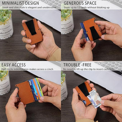 Minimalist Slim Wallet for Men,RFID Blocking Metal Wallet,Aluminum Credit Card Holder & Money Clip 12-15 Cards,Slim Rfid Front Pocket Mens Wallet,Leather Brown