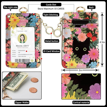 bolimoss Black Cat Flower Lanyard Wallet,Pu Leather Women Zid ID Case with Lanyards,Cute Neck & Wrist Lanyard Keychain for Women, Teacher, Nurse, Office Name Tag Badge Holder ID Card Holder