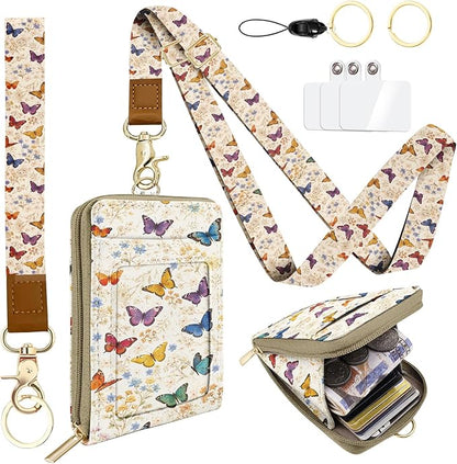 Colorful Butterflies Watercolour PU Leather ID Badge Holder with Lanyard with Keychain Phone Lanyard Wrist Strap, RFID Blocking, for Office School Business Women