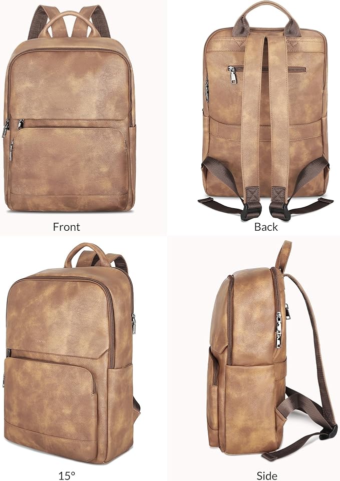 SYTRAH Leather Backpack for Women, Vintage 15.6 inch Laptop Backpack Purse for Women, College Casual Backpacks Ladies Computer Bags for Travel Business Work Camel