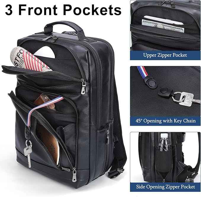 Masa Kawa Black Leather Laptop Backpack for Men Fits 16” 15.6” Computer, Business Travel Work Large Daypack Camping Weekender Bag