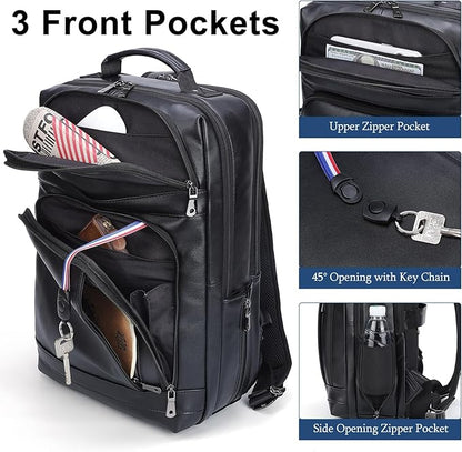 Masa Kawa Black Leather Laptop Backpack for Men Fits 16” 15.6” Computer, Business Travel Work Large Daypack Camping Weekender Bag
