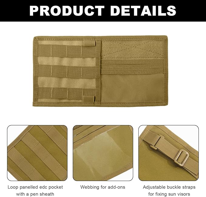 povtii Car Sun Visor Organizer, Tactical Nylon Vehicle Visor Panel Storage Holder Pouch Bag, Molle Multifunctional Sunshade Pocket for Pen Card Sunglasses, Car Accessories (Khaki)