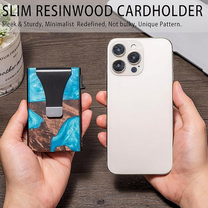 Slim Aluminum Wallet for Men, RFID Blocking Minimalist Matel Pop Up Card Holder Wallet, Holds 8+ Cards,Durable Removable Money Clip & Money Pocket(Resin Light Blue Wood)