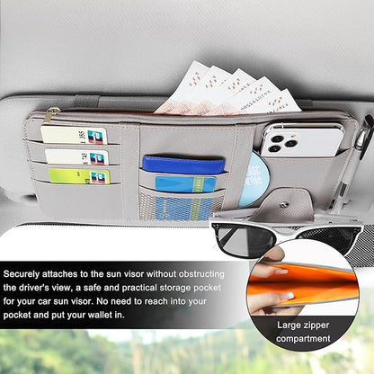 Ohleats Car Sun Visor Organizer, Multifunctional Visor Storage Holder for License Pen Key, Leather Card Cash Pouch with Multi-Pocket Net Zipper, Universal Interior Car Accessories (Gray)