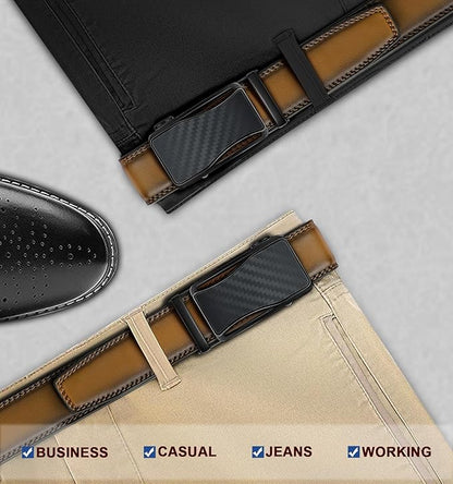 BULLIANT Mens Ratchet Belt,Leather Adjustable Slide Belt For Gift Mens Dress Casual 1 3/8",Size Adjustable