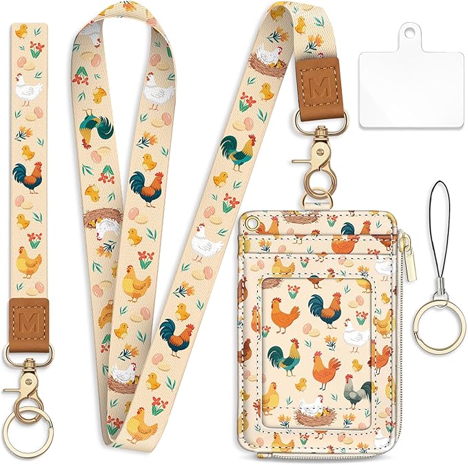 Lanyard Wallet with Id Badge Holder, Chicken RFID Small Keychain Wallet Women Wristlet, Cute Zipper Credit Card Holder Phone Wrist Neck Strap for Key Name Tag, Teacher Student Office Gifts