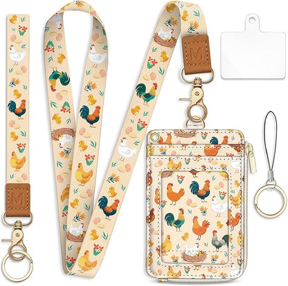 Lanyard Wallet with Id Badge Holder, Chicken RFID Small Keychain Wallet Women Wristlet, Cute Zipper Credit Card Holder Phone Wrist Neck Strap for Key Name Tag, Teacher Student Office Gifts